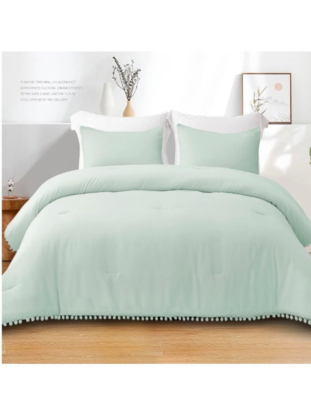 Ultra-Soft Mint Green Pom-Pom Twin Size Comforter Set With Polyester Down Altern